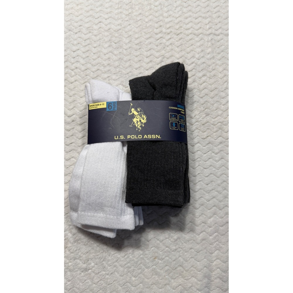 U.S. Polo Assn Mens 6 Pack Cushion Comfort Crew Socks White Grey UH7627 6-12